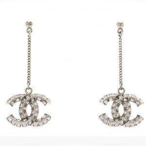 CHANEL  Baguette Crystal CC Drop Earrings Silver